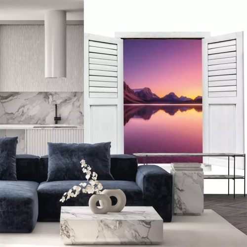 Sticker Uitzicht vanuit het raam op het meer bij zonsondergang.