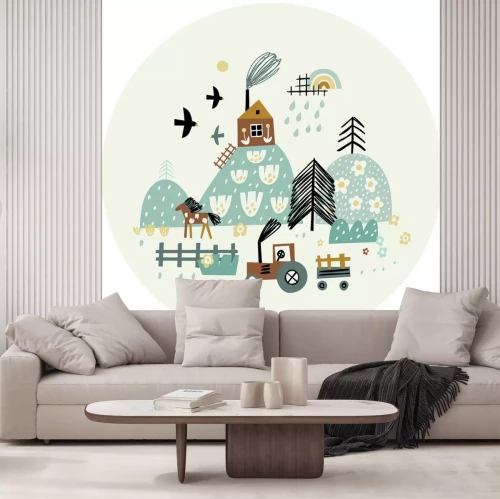 Sticker Een tractor tegen de achtergrond van een sprookjesachtig landschap.