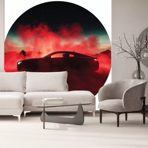 Sticker Een sportwagen in rode rook tegen de sterrenhemel.