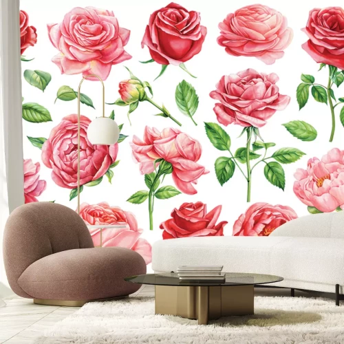 Sticker Rozen en pioenrozen met bladeren in aquarelstijl.