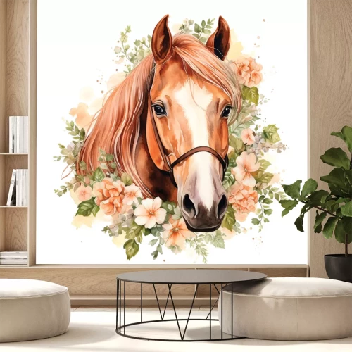Sticker Paardenhoofd tussen bloemen en bladeren