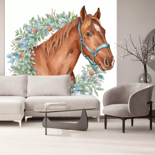 Sticker Portret van een paard met een aquarelkrans