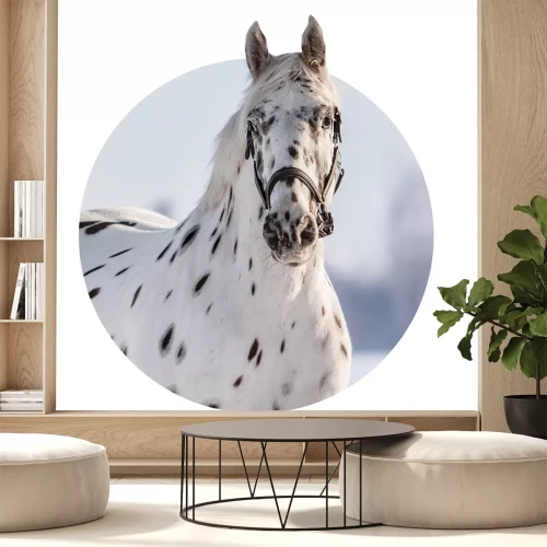 Sticker Een witte uil met zwarte stippen tegen een winterlandschap.