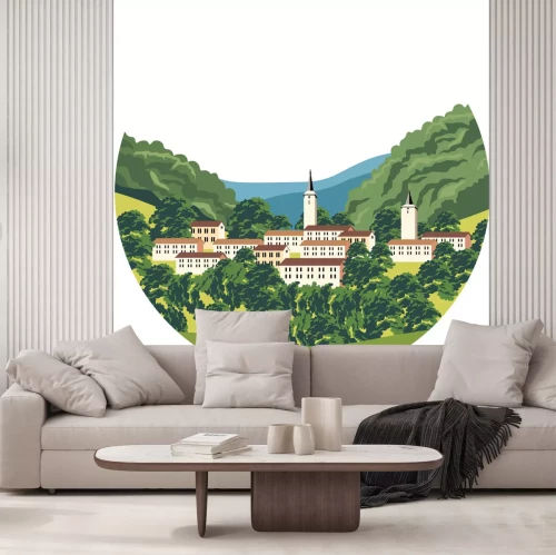 Sticker Landschap van een pittoresk dorpje gelegen in een vallei.