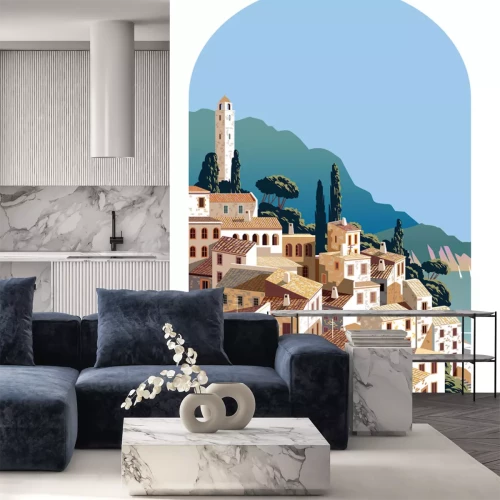 Sticker Uitzicht op een Mediterraan dorp aan de kust.