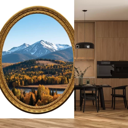 Sticker Berglandschap in een gouden kader