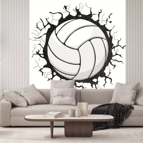 Sticker 3D-volleybal die door een muur heen beukt