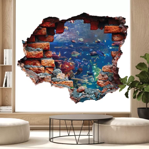Sticker Een 3D-weergave door een gat in een bakstenen muur van het onderwaterleven en een koraalrif.