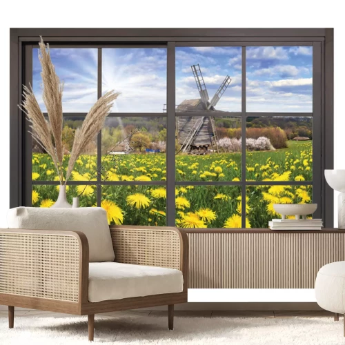 Sticker Een veld vol paardenbloemen met een windmolen, gezien vanuit het raam.