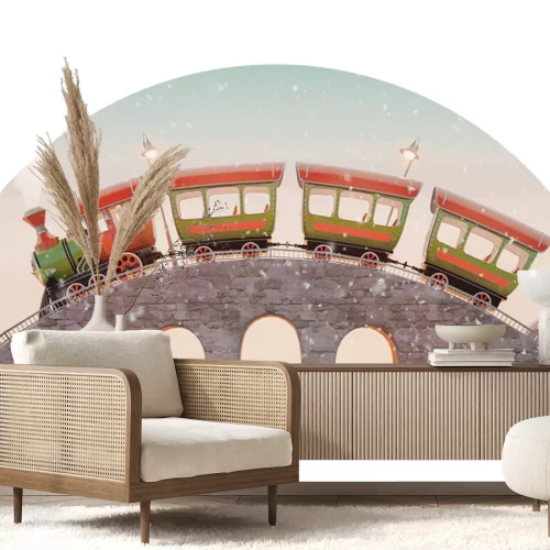 Sticker Een sprookjesachtige trein op een stenen viaduct.