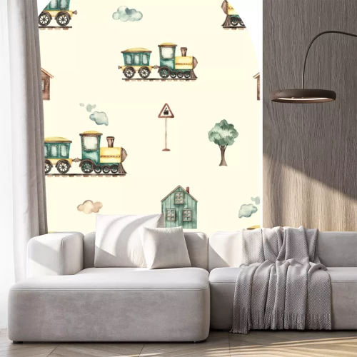 Sticker Een patroon met een motief van vintage locomotieven en huizen.