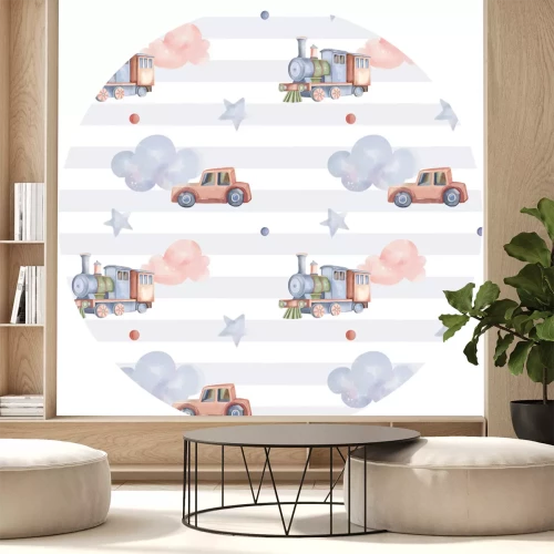 Sticker Aquarelpatroon met auto's en een locomotief.