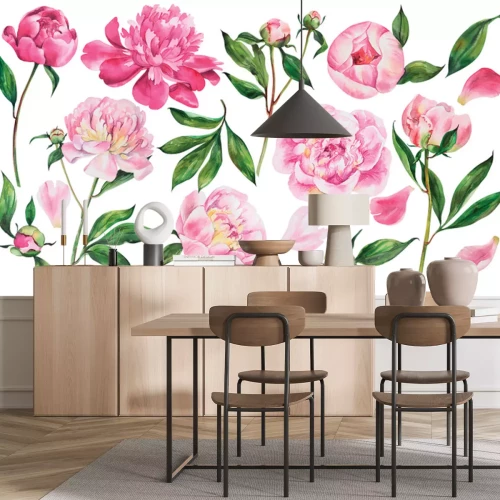 Sticker Roze pioenrozen met bladeren in aquarelstijl