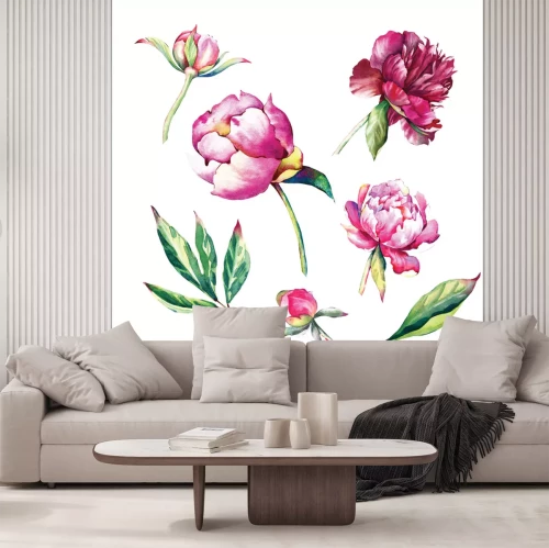 Sticker Roze pioenrozen en groene bladeren in aquarel-stijl.