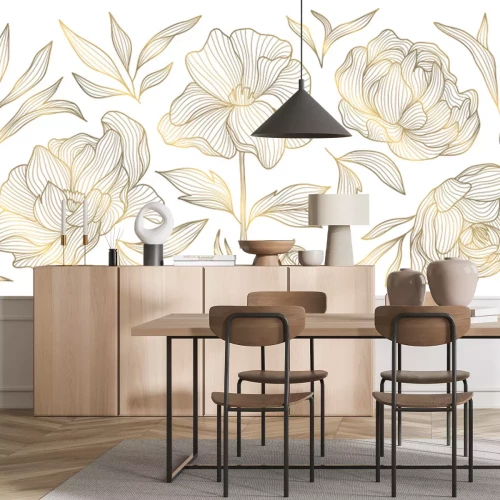 Sticker Abstracte gouden bloemen, pioenrozen en bladeren