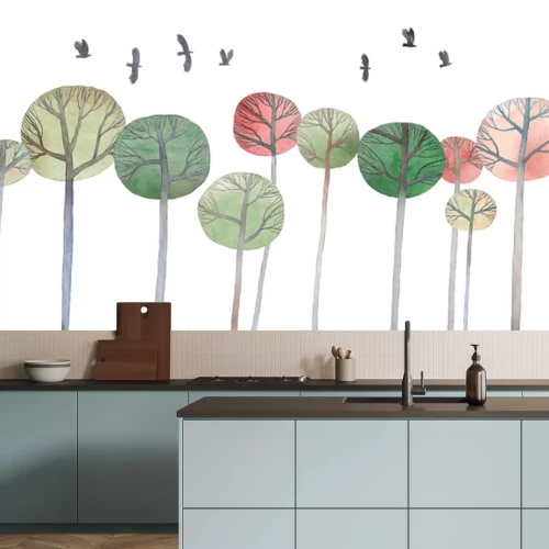 Sticker Bomen en vogels in aquarelstijl