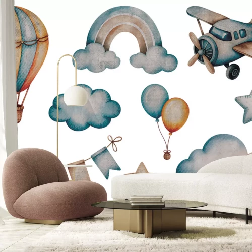Sticker Retro aquarel ballon, vliegtuig, wolken en sterren