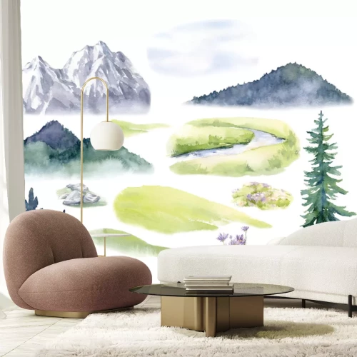 Sticker Bergen en bomen in aquarelstijl