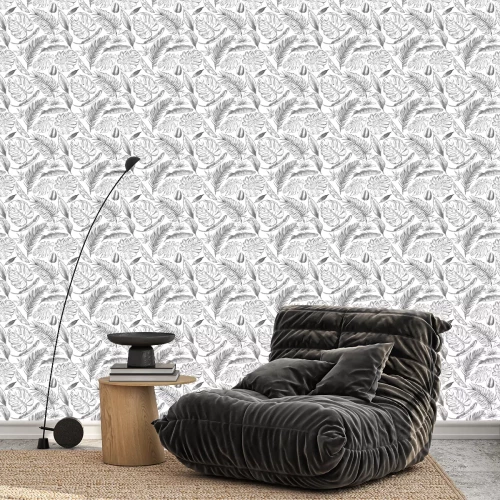 Behang Zwart-wit botanisch patroon