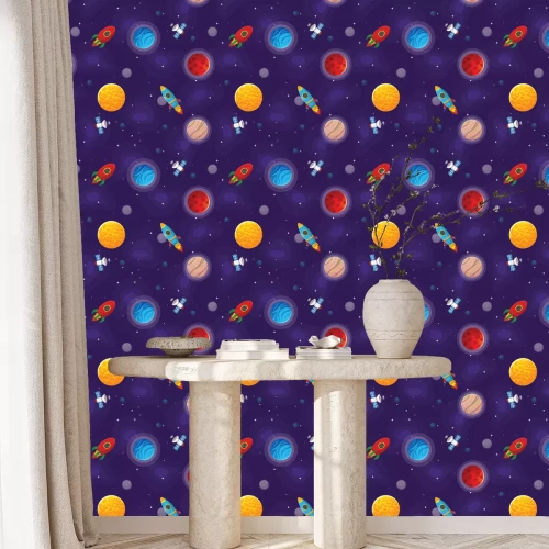 Behang Patroon met ruimteraketten en planeten