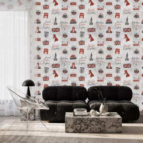 Behang Een patroon met Britse symbolen op een grijze achtergrond.