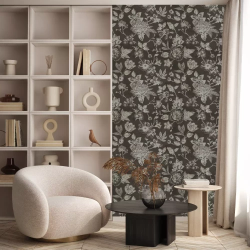 Behang Vintage botanisch patroon met bloemen op een bruine achtergrond