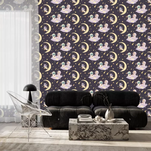 Behang Astronauten in de ruimte tegen de nachtelijke hemel, een patroon voor kinderen.