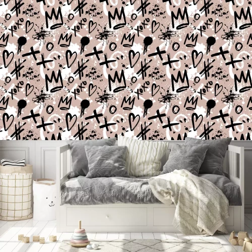 Behang Abstract graffiti-achtig patroon op een beige achtergrond