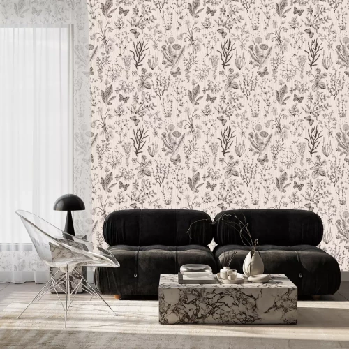 Behang Botanisch patroon van wilde bloemen en kruiden