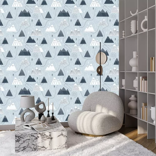 Behang Cartoonachtige bergen en bomen op een blauwe achtergrond