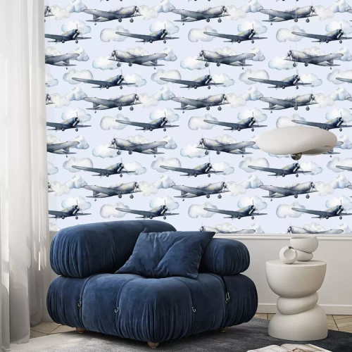 Behang Vliegtuigen en wolkenpatroon in aquarelstijl
