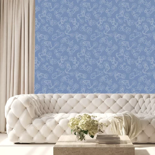 Behang Motorfietsen en scooters in minimalistische stijl op een blauwe achtergrond