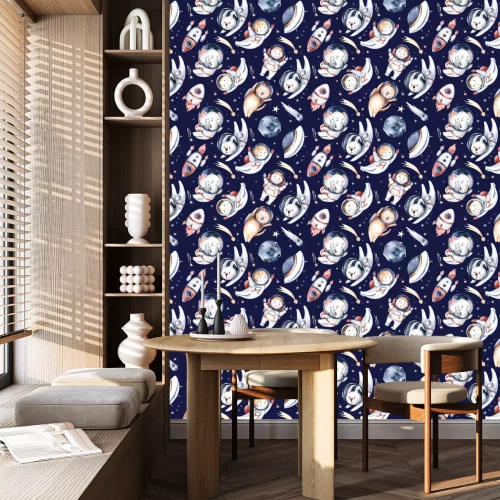 Behang Aquarelpatroon met dieren en kinderen in de ruimte.