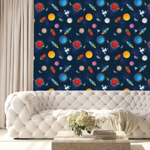 Behang Rode en blauwe raketten in de ruimte tussen de planeten.