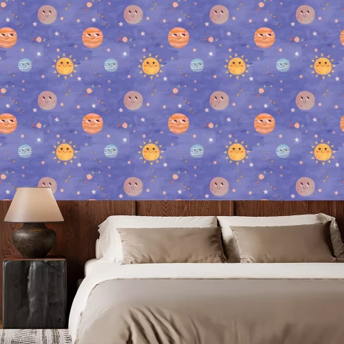 Behang Planeten in de ruimte: patroon voor kinderen in cartoonstijl