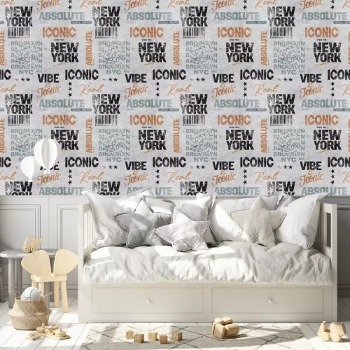 Behang Een collage van New Yorkse uithangborden op een betonnen achtergrond.