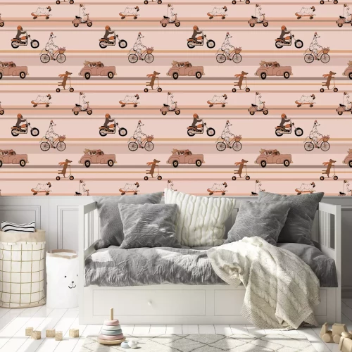 Behang Schattige honden in voertuigen tegen een gestreepte achtergrond.