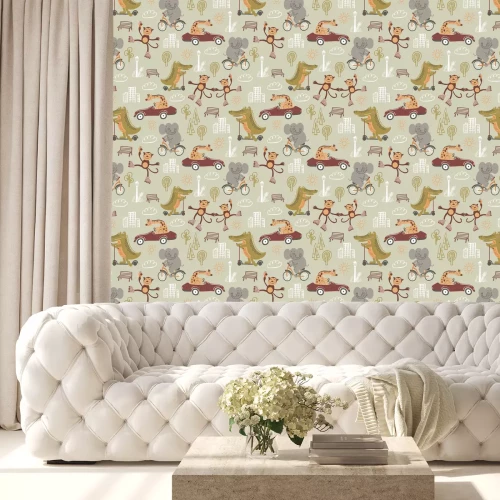 Behang Schattige dieren in een stadspatroon voor kinderen