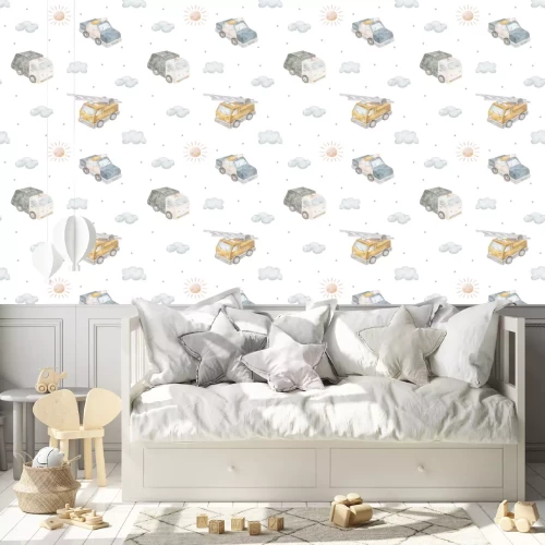 Behang Aquarelpatroon van voertuigen, wolken en de zon.