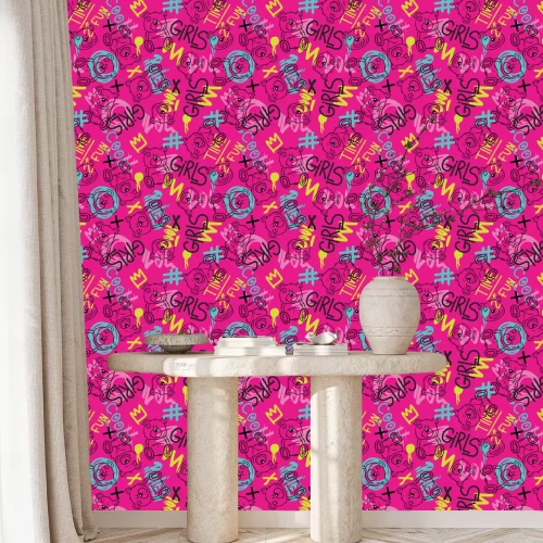 Behang Graffiti en teddyberen op een roze achtergrond