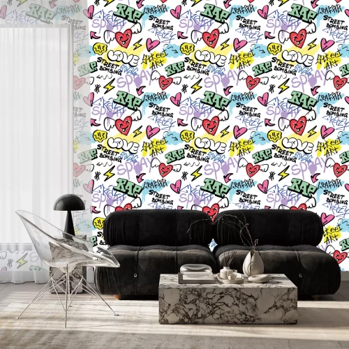 Behang Kleurrijke graffiti-opschriften en tekeningen in de stijl van straatkunst.