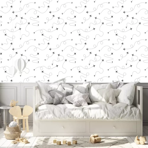 Behang Vliegtuigen met vliegroutes in zwart-wit