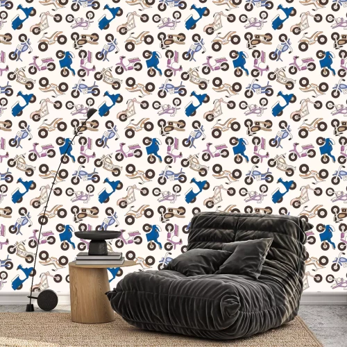 Behang Kleurrijke motorfietsen en scooters op een lichte achtergrond