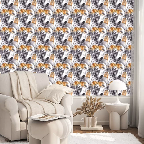 Behang Exotische compositie van tijgers en bladeren