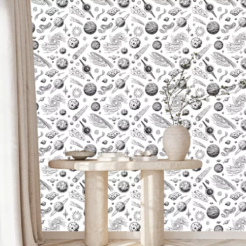 Behang Zwart-wit planetenpatroon in de ruimte