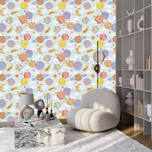 Behang Een kleurrijk patroon met ruimtemotieven in een hippe stijl.