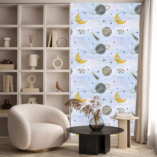 Behang Aquarelpatroon van de planeet, de maan en de sterren.