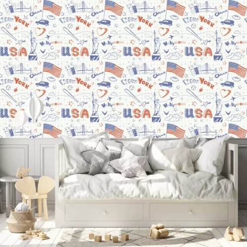 Behang Patroon met symbolen van New York in doodle-stijl.