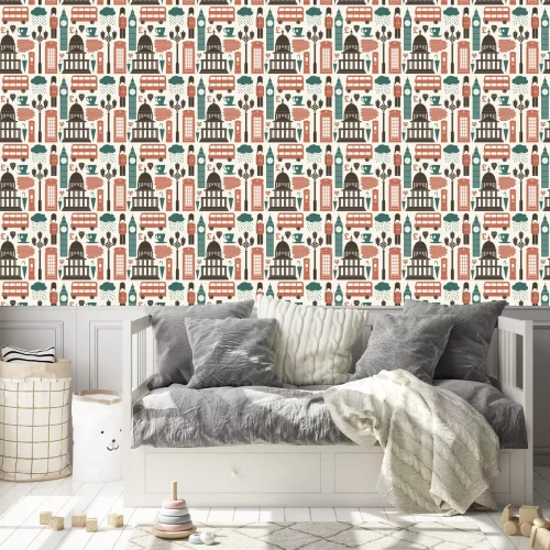 Behang Symbolen van Londen met een rode bus en de Big Ben.