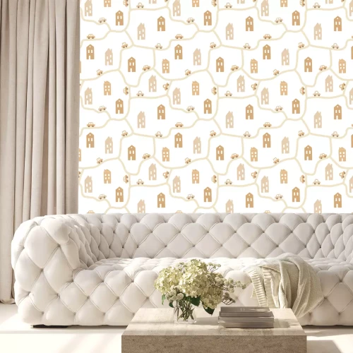 Behang Patroon met huisjes en auto's voor kinderen in neutrale kleuren.